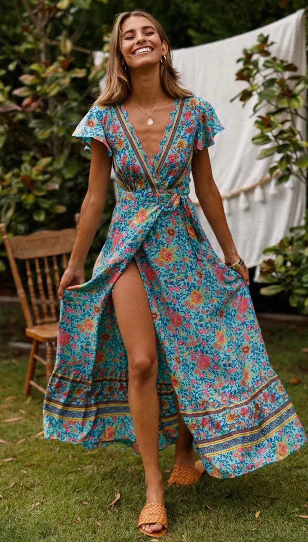 Sixsr Vintage chic vestidos women Floral print bat sleeve beach long Bohemian maxi dress Ladies sexy V neck Summer Boho happie dress