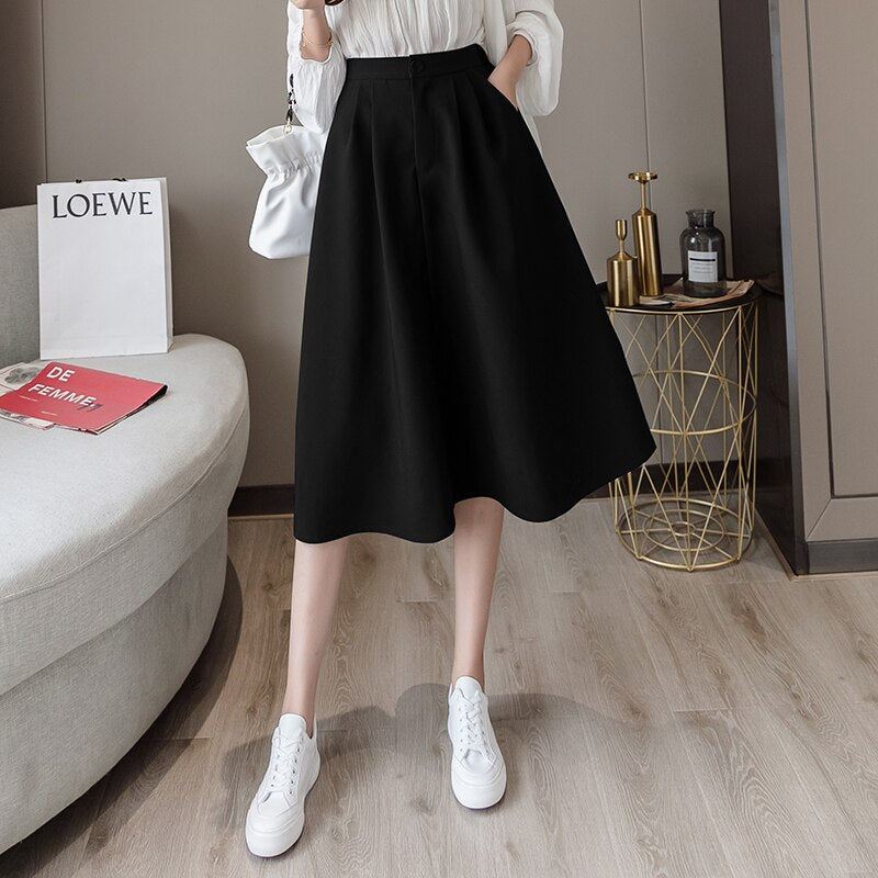 sixsr  New Spring Summer High Waist Midi Skirt Women Casual Pocket Solid Color Loose A-Line Umbrella Skirt Female Petticoat