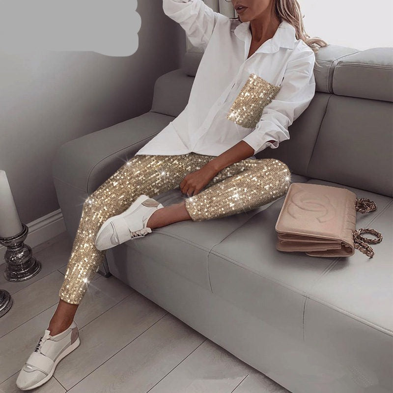 Sixsr Women Fashion Sequin Two Piece Set Long Sleeve Womens Tops And Blouses Femme Two Piece Outfits Elastic Waist Long Pants Sets