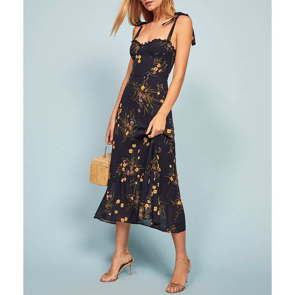 sixsr Dresses For Women Elegant Vintage Floral Dress Frill Sweetheart Neck Sleeveless Strap Tie Ruffle Hem Summer Beach Dress