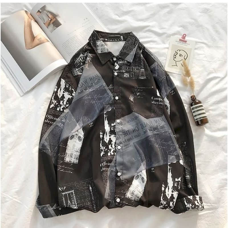 Newspaper shirt Korean trend men's shirt long-sleeved loose couple lovers shirt student all-match shirt 2024 fashion streetwear