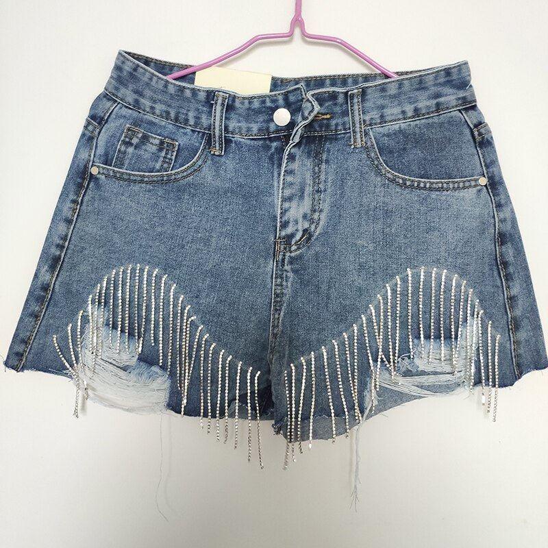 sixsr Spring Autumn Fashion Tide Denim Short Women High Street Rhinestone Sequins Hole Tassel Fit Wild Clothing