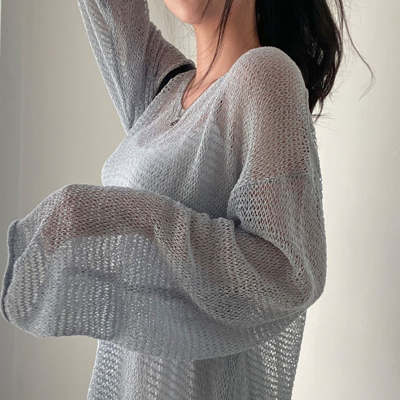 Sixsr Lazy Style Full Sleeves Jumpers Tops Hollow Out Sexy Women Fashion Casual Streetwear Chic Femme Sweaters Pullovers