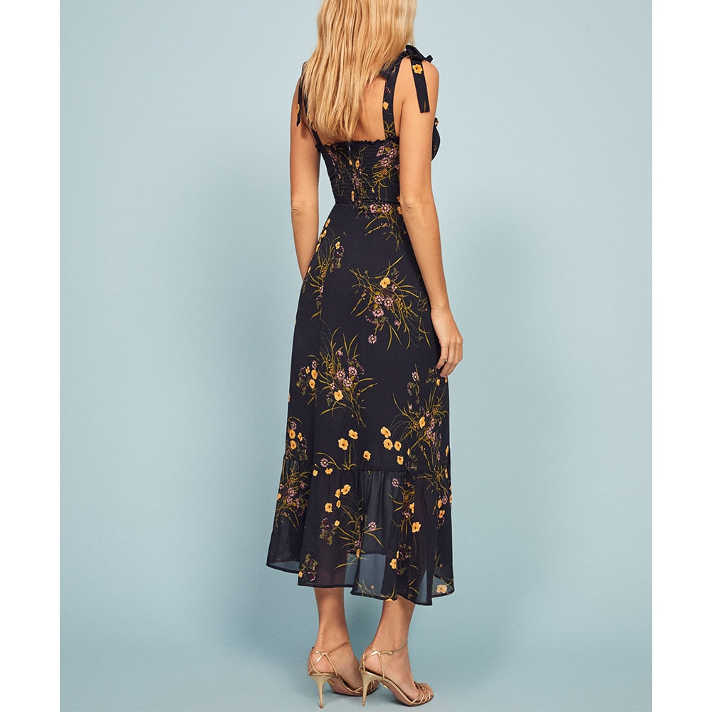 sixsr Dresses For Women Elegant Vintage Floral Dress Frill Sweetheart Neck Sleeveless Strap Tie Ruffle Hem Summer Beach Dress