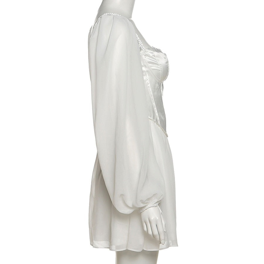 Sixsr Women Fashion Elegant High Waist Slim Solid White Office Lady A-Line Mini Dress  Spring Autumn New Women Party Dress