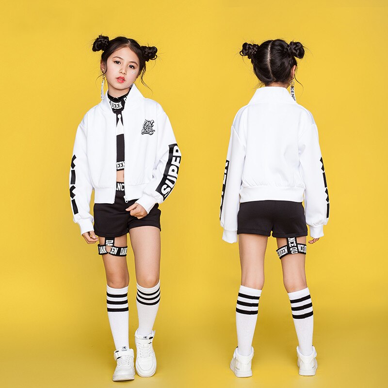 Sixsr Children Hip Hop Dance Costumes Kids Street Dance Clothing White Jacket Black Vest Shorts Girls Dancewear Stage Outfit