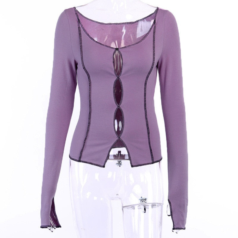 Sixsr Spring Outfits Sexy solid hollow out top long sleeve O-neck t-shirt woman casual Autumn Spring top