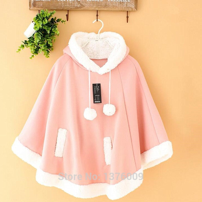 Sixsr Lolita Cloak Harajuku Hoody Cloak Japanese Angry Cat Christmas Deer Fleece Cape Loose Pullover Batwing Sleeve Hoodie Coat