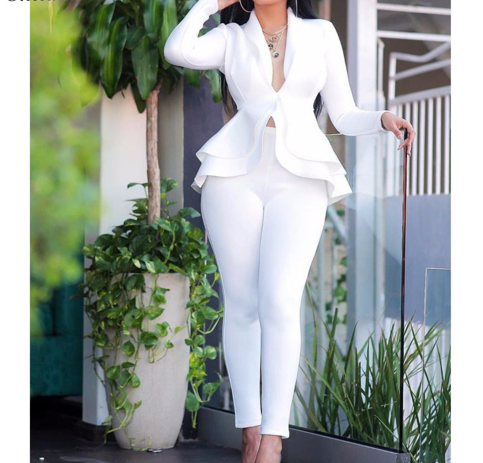 Sixsr high quality Sexy Business Suits For Women Solid Black White Office Ladies 2 Piece Sets Scallop Design Elegant Women Suit Coat & Pants Set