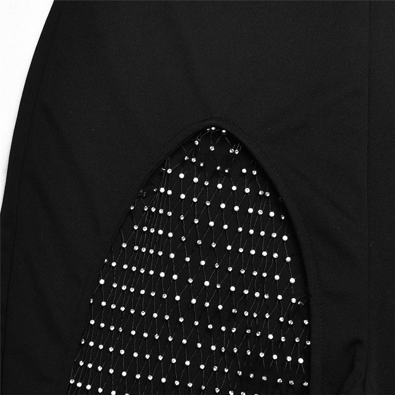Patchwork Diamond Fishnet Bodycon Women Jumpsuit Black One Shoulder Long Sleeve Jumpsuit Lady Sexy Evening Party Clothes
