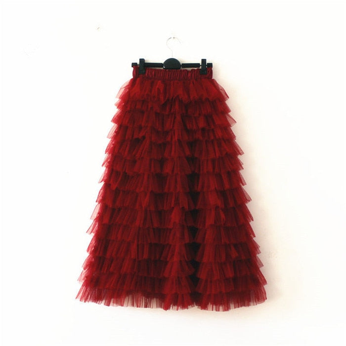 sixsr jupe femme ete Spring Party Skirt Elastic High Waist Long Tulle Skirt Women Multilayer ruffles Pink Mesh Tutu Skirt Ladies