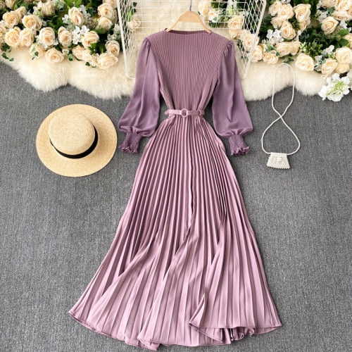 Sixsr Vintage Women Pleated Long Dress Female Elegant Lantern Long Sleeve High Waist Red/Purple Draped Maxi Vestidos Spring Autumn New