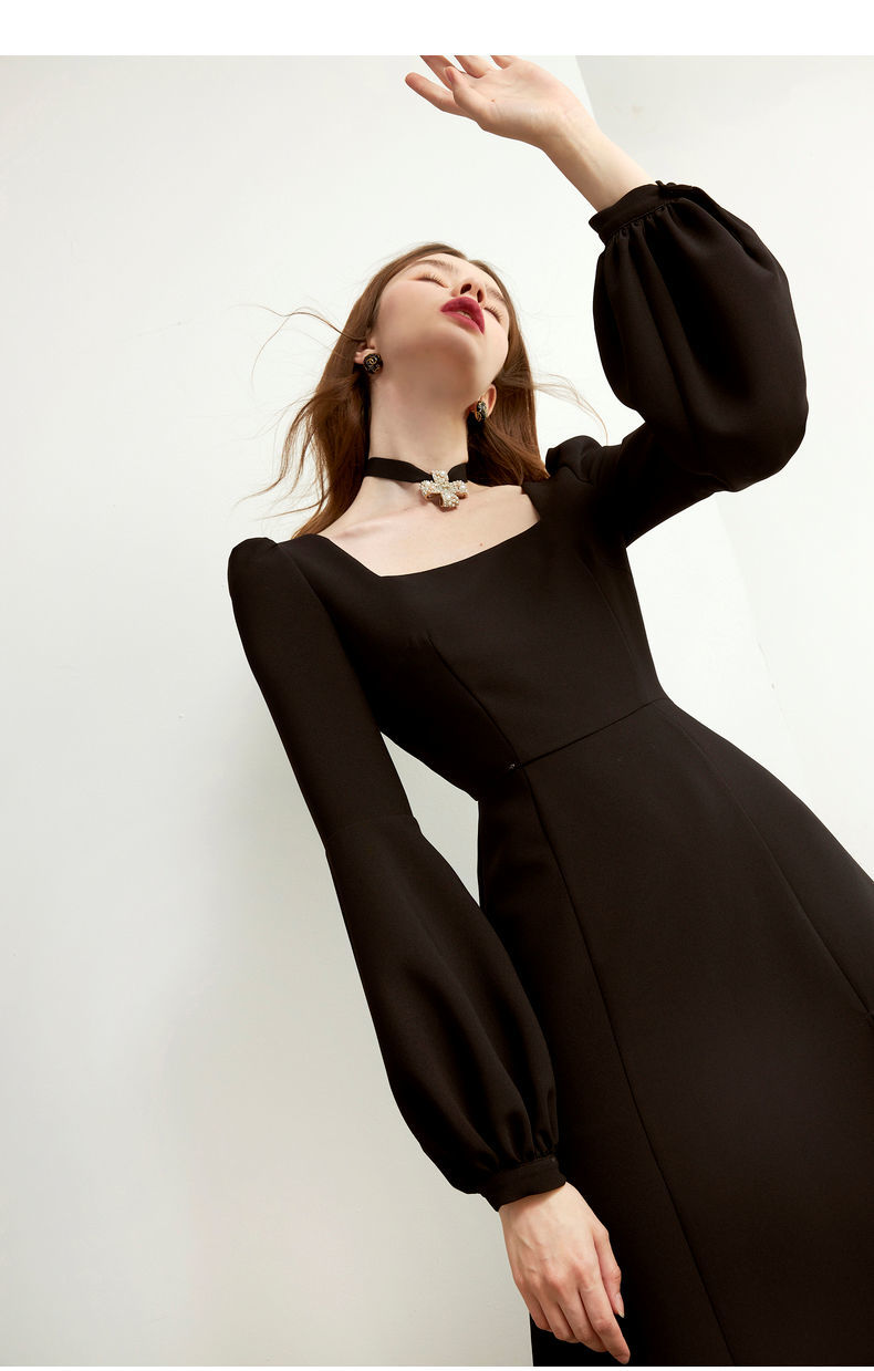 Sixsr Black Retro Split Dress Women Elegant Midi Designer Dress Female Long Sleeve Hepburn Style Chiffon Vintage Dress Fall Women