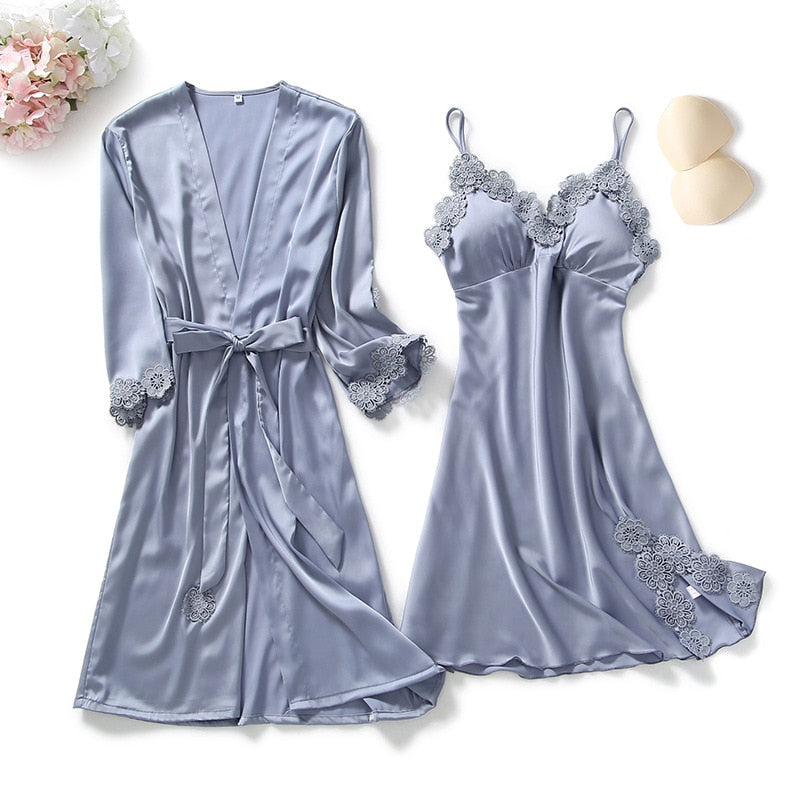 Yellow Robes Suit Autumn Women Nightgown Sets 2 Pieces Nightdress Bathrobe With Chest Pad Female Satin Kimono Bath Gown Sleepwea