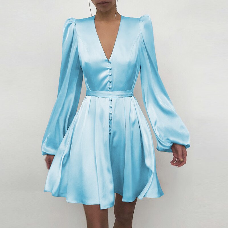 Sixsr High Quality New Women Elegant Solid Ruffle Dress Sexy Lantern Sleeve Satin Slim A-line Dress Spring Autumn V-neck Party Dresses Vestido