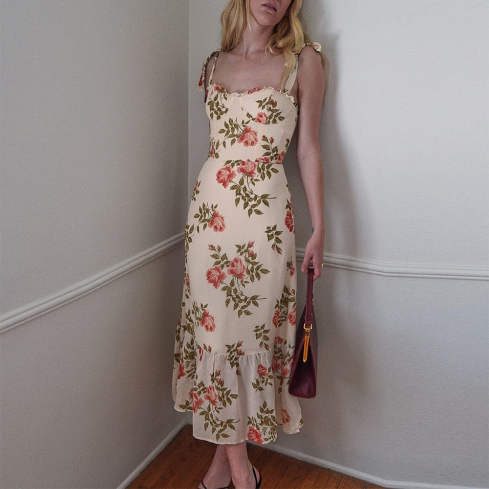 sixsr Dresses For Women Elegant Vintage Floral Dress Frill Sweetheart Neck Sleeveless Strap Tie Ruffle Hem Summer Beach Dress