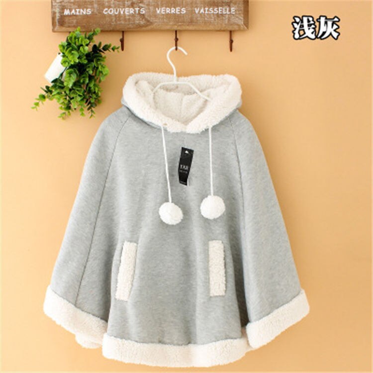 Sixsr Lolita Cloak Harajuku Hoody Cloak Japanese Angry Cat Christmas Deer Fleece Cape Loose Pullover Batwing Sleeve Hoodie Coat