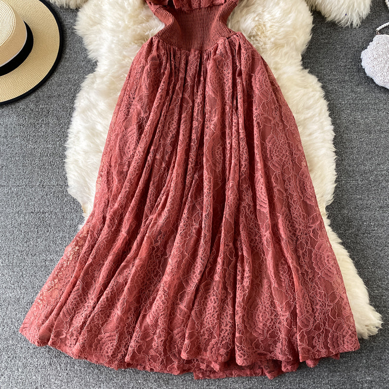 Sixsr Vintage Purple/Green/Red Lace Midi Dress Women Sweet Round Neck Ruffle Vestidos Female High Waist Slim Robe Spring Autumn