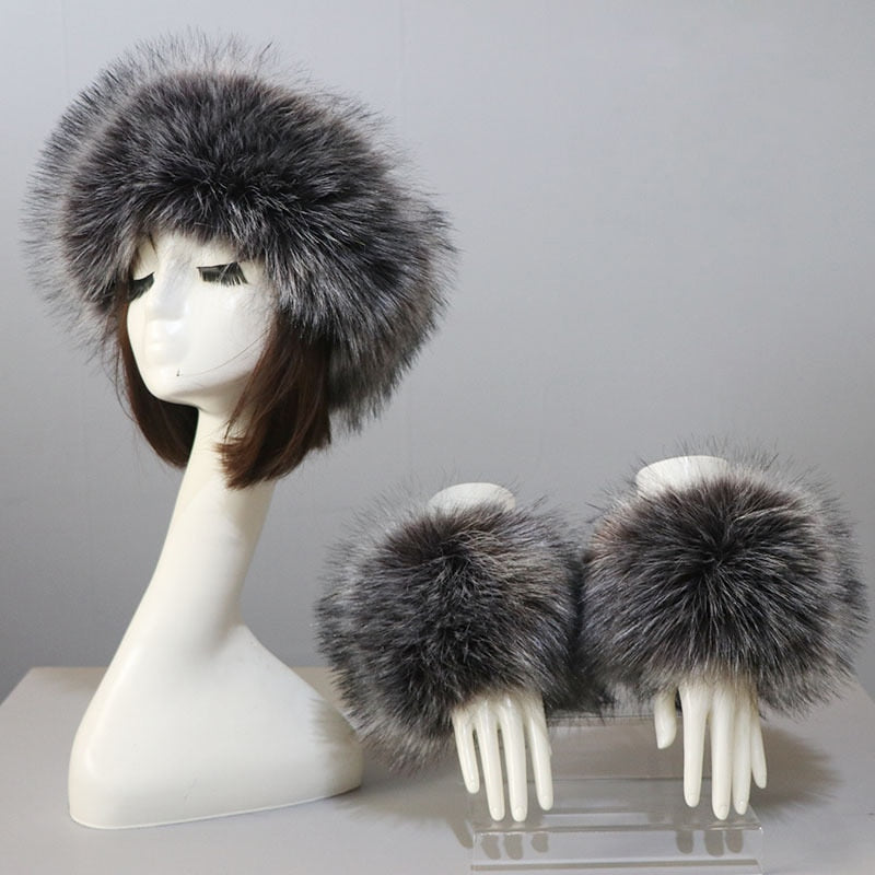 Sixsr New Autumn Winter Caps Female Hats Cuffs Set Fashion Warmth Imitation Quality Design Faux Fur Hat Fox Fur Sleeves Suit Accessary
