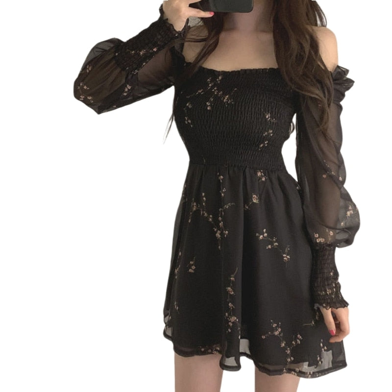 Spring Womens Sexy Black Dress Vintage Flower Long Puff Sleeve Chiffon Dresses Korean Casual Mini Vestidos Mujer Clothes