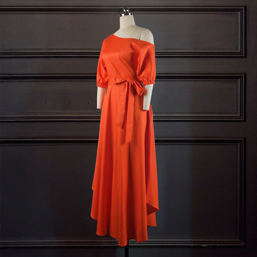 Sixsr Women Dress Bare Shoulder Waist Belt Long A Line Pleated Orange Casual Fashion Female Ladies Elegant New Autumn Summer Robes
