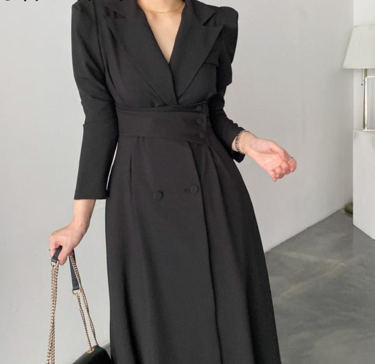 Sixsr High Waisted Maxi Dresses for Women Long Sleeve Double Breasted Chic Korean Fashion Notched Vestido De Mujer Elegant Vintage Y2k