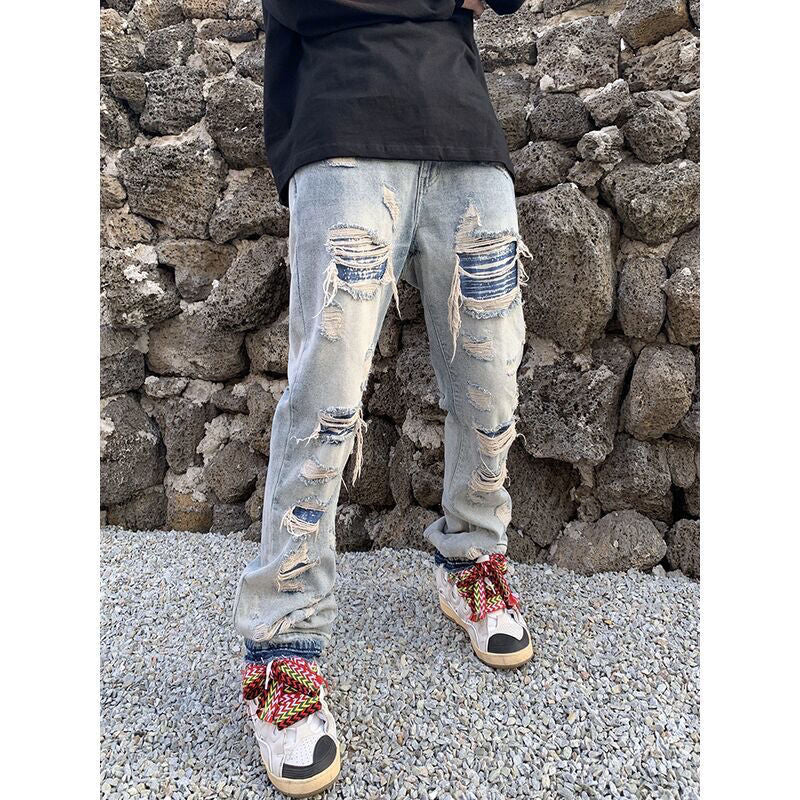 Original Ripped Jeans for Men Vintage Wash Hole Loose Micro Horn Jeans Trousers High Street Men Clothing Streetwear Denim Pants