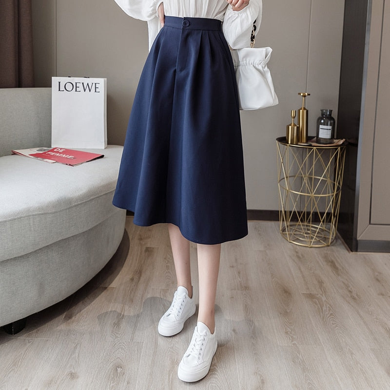 sixsr  New Spring Summer High Waist Midi Skirt Women Casual Pocket Solid Color Loose A-Line Umbrella Skirt Female Petticoat