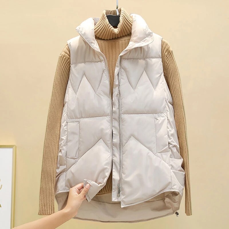 Sixsr Autumn Winter Down Cotton Soild Women's Vest Short Style New Slim Fashion Stand-up Collar White Jacket Sleeveless Vest