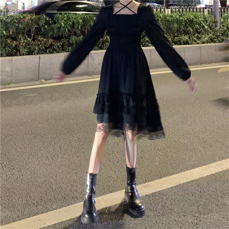 Sixsr New Gothic Women Black Fairy Party Dress Cross Square Collar Lolita Princess Irregular Dress Cute Kawaii Lace Ruffles Chic Dress