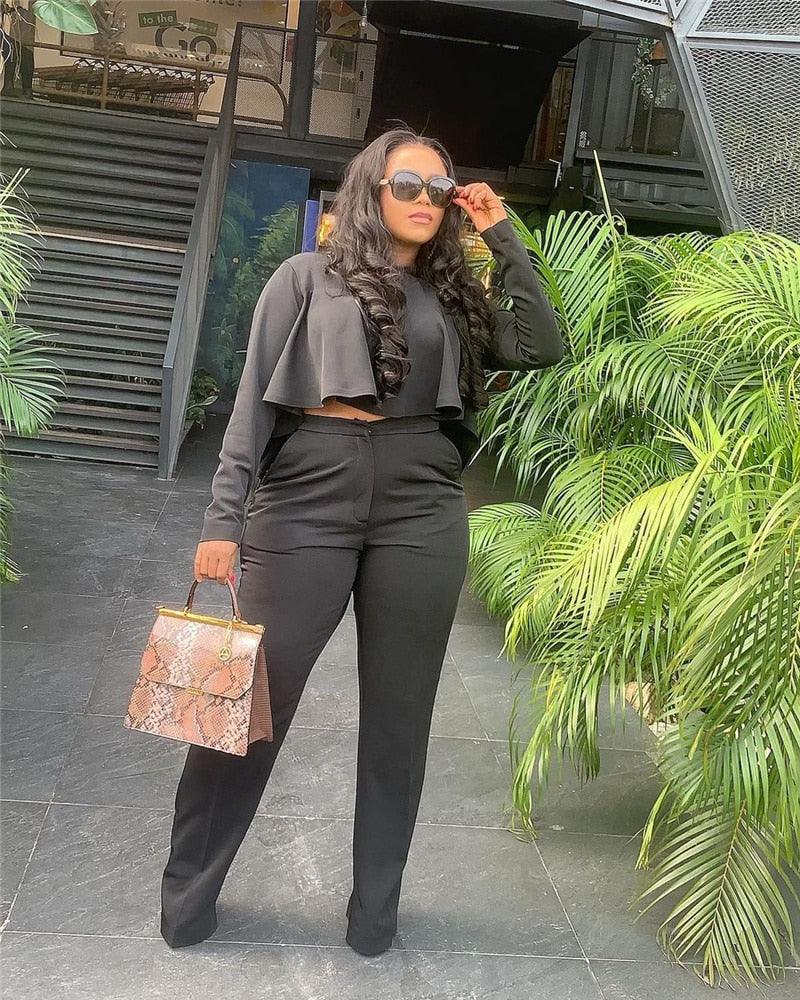 Sixsr  Elegant Work Wear Two Piece Set Fall Clothes for Women Ruffles Crop Top and Wide Leg Pants Suits Matching Sets Sexy Club Outfits