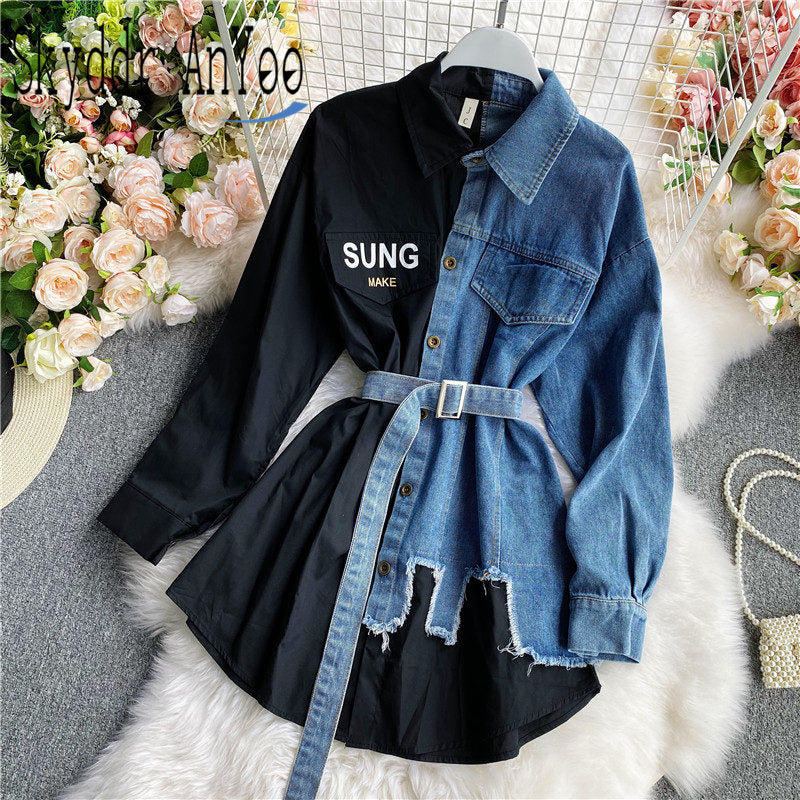 Sixsr Women's Blouse Autumn Long Sleeve Shirt Tops Jeans Patchwork Plaid Blouses Elegantes Blusas para mujer Slim Shirt Dress