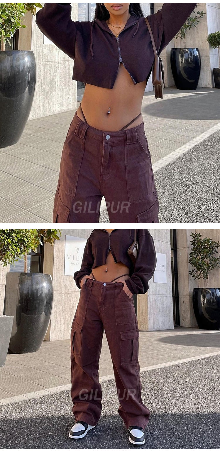 Sixsr Y2k Cargo Pants Women's Jeans New Fashion Baggy Jeans Denim Overalls 90s Low Rise Pocket Straight Leg Trousers Streetwear