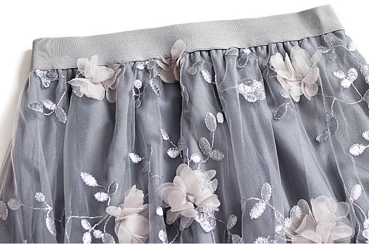 sixsr Luxury Woman Skirts Korean style Fashion Elastic Waist Appliques Embroidery Floral Mesh Skirt Long Gauze Ball Gown Skirt