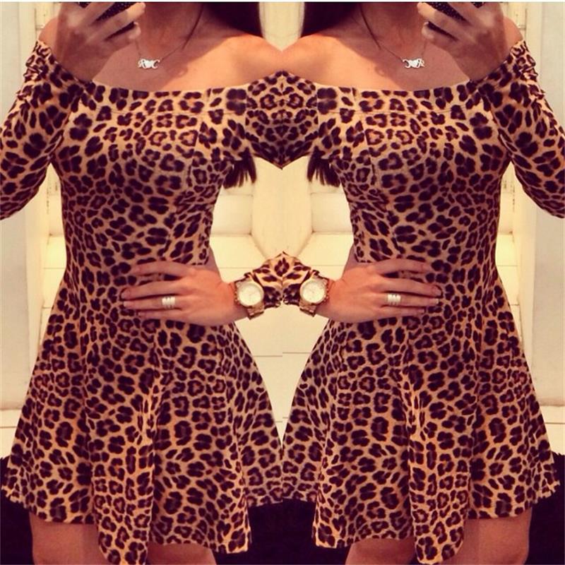 Women Leopard Dresses Summer Sexy Off Shoulder Bodycon Party Club Dress Leopard Long Sleeve Mini Women Dress Vestido