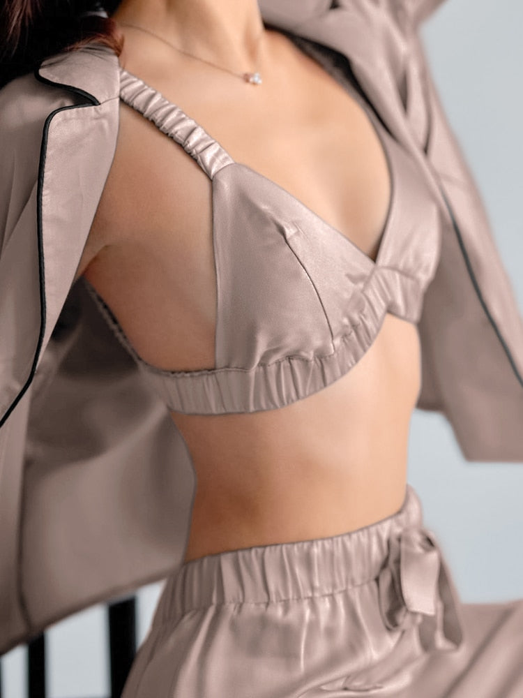 Sixsr Fashion Solid Color Satin Robe Set With Bra Sexy Pajamas Set Female Home Suit For Women Pajama Spring Long Sleeve Sleepwear