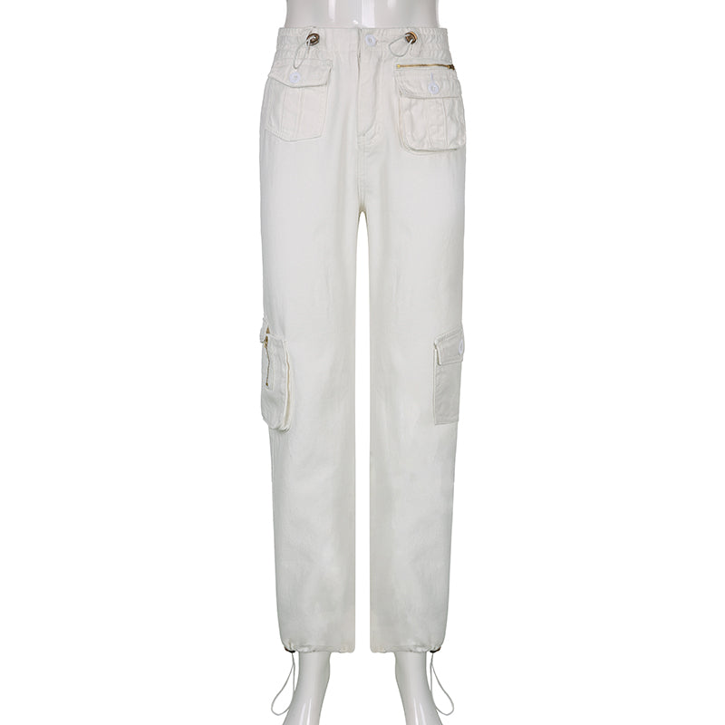 Sixsr Women Spring Fashion Multi Pockets White Cargo Pants Women Adjustable Low Waist Baggy Wide Leg Jeans Oversized Casual Trousers Retro Bottoms Iamhotty