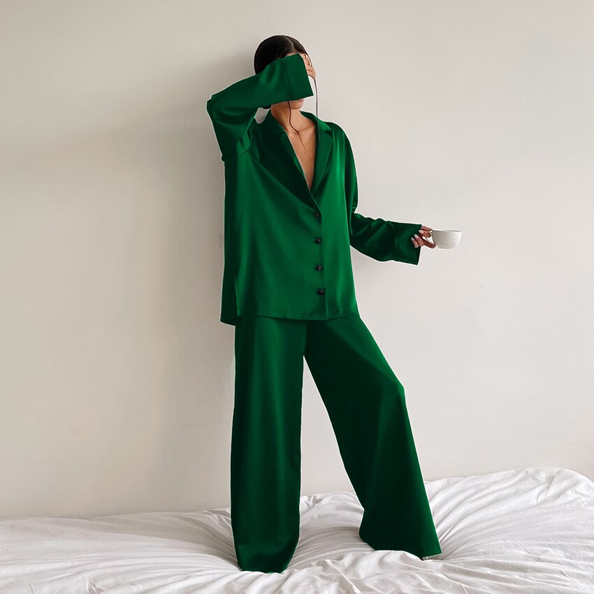 Sixsr Oversized Satin Silk Sleepwear Low Cut Sexy Pajamas For Women Single-Breasted Long Sleeves Wide Leg Pants Trouser Suits