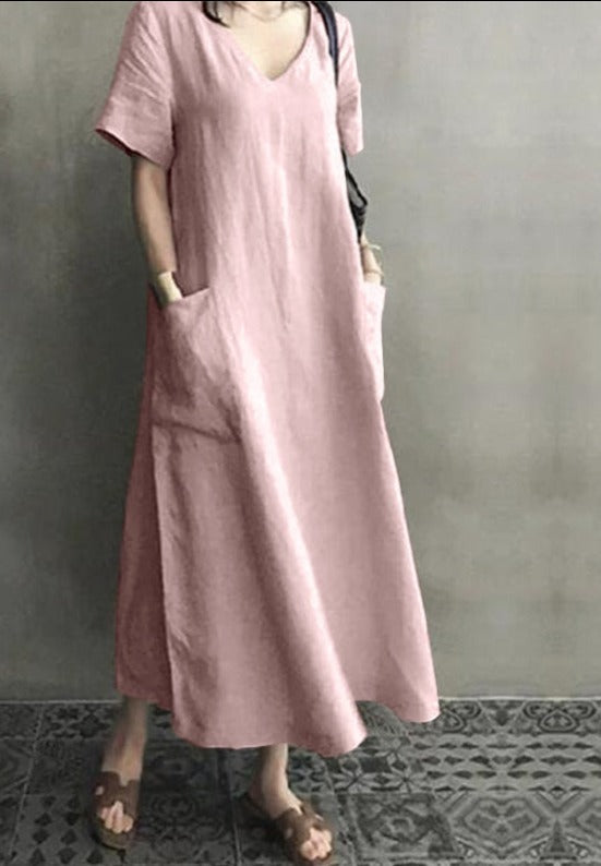 Women Long Maxi Summer Dress Casual Cotton Linen Ladies Big Pockets Beach Party Robe Femme Vestidos Plus Size 5XL
