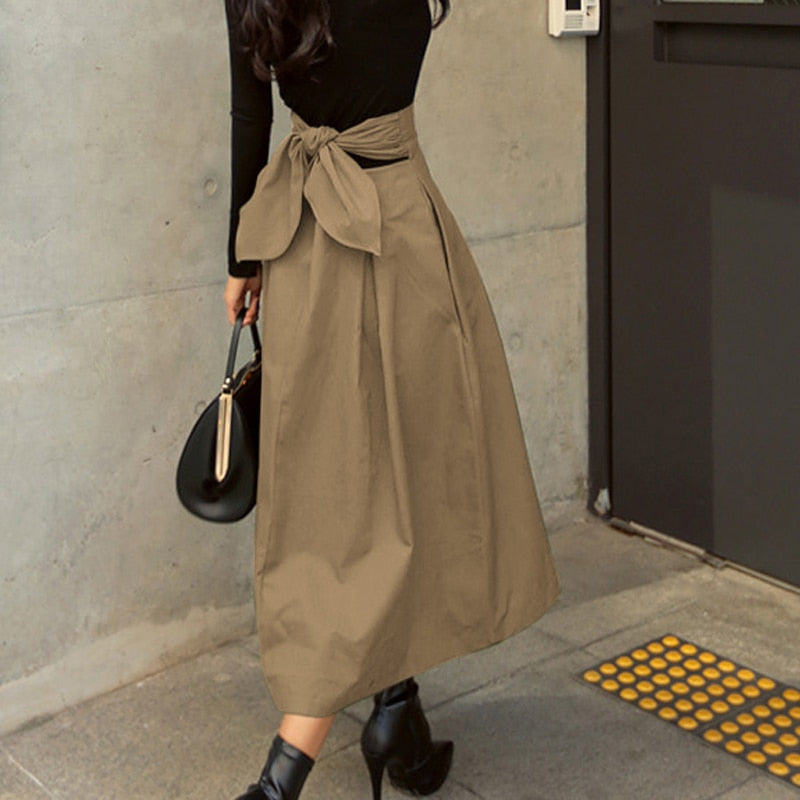 Sixsr Spring Outfits Trends Skirts Womens Korean Fashion Solid Color Big Swing Ladies Skirt Long Skirt Autumn Wild High Waist Bow Slim Skirts