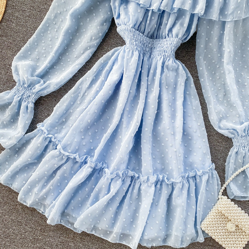 Sixsr Spring Outfits Sexy ruffles Summer off shoulder short dress spaghetti strap Party elastic waist dress Women casual beach a-line dress