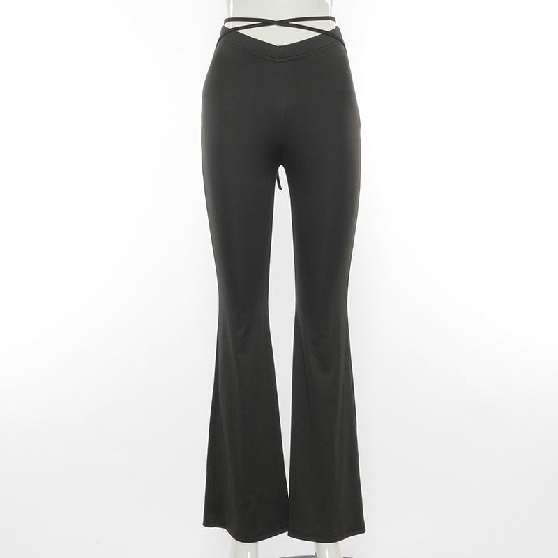 sixsr Fashion Trends Cyber Y2k Flare Pants E Girl Style Sexy Strechy Trousers Women Lace Up V Waist Low Rise Harajuku Black Pants C85-BB22