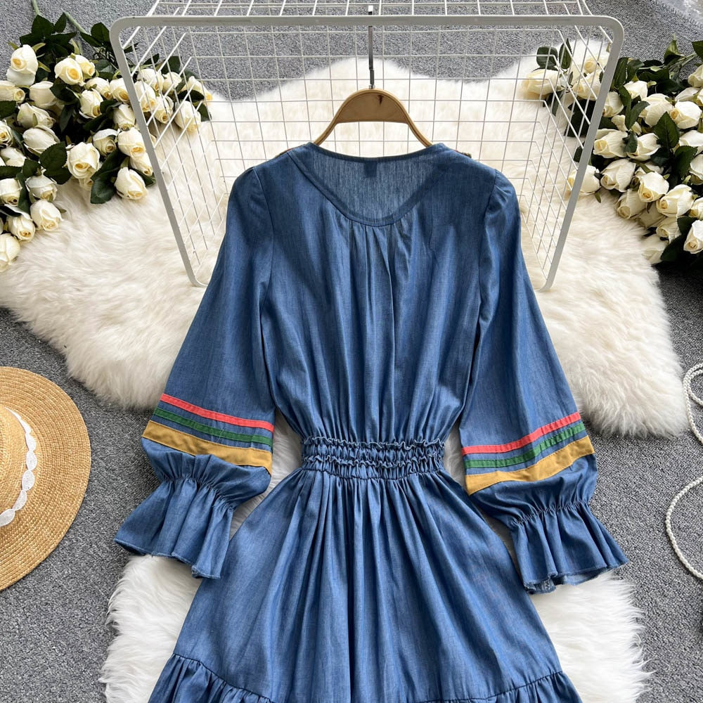 Quality Embroidered Denim Dress Summer Autumn National Korean Pleated A Line Long Sleeve Cowboy Dress Women Jeans Dress