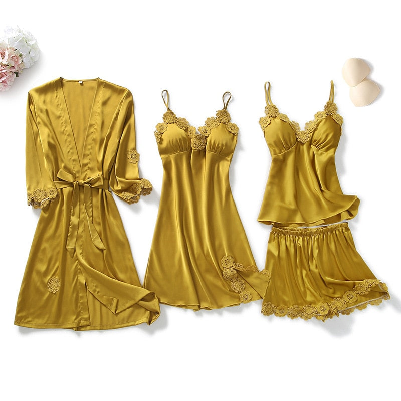 Yellow Robes Suit Autumn Women Nightgown Sets 2 Pieces Nightdress Bathrobe With Chest Pad Female Satin Kimono Bath Gown Sleepwea