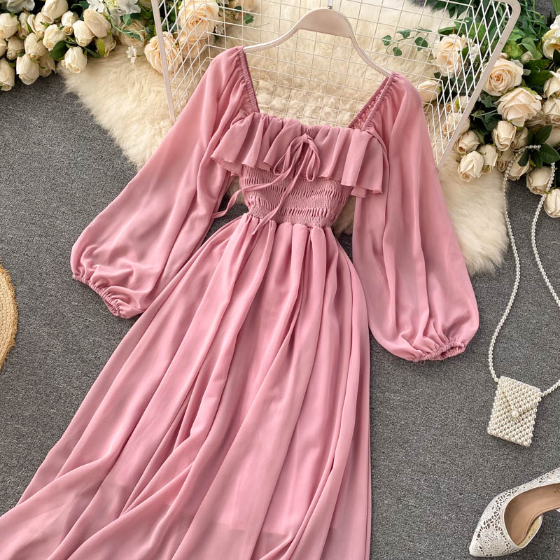 Sixsr Woherb Chic Elegant Square Collar Maxi Dress Women Solid Chiffon Puff Sleeve Dresses Korean Fashion Vintage Ruffle Vestidos