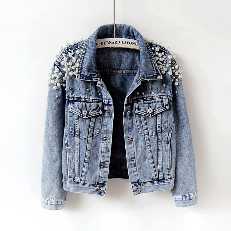 Sixsr Denim Jacket Women New Autumn Women's Jean Jackets Pearl Casual Denim Jacket Women Coat Long Sleeve Outerwear