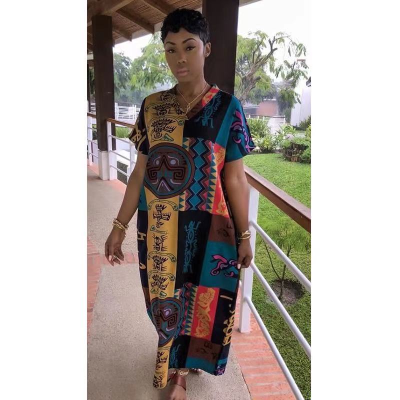 Sixsr New Design Vintage Pattern Short Sleeve Kaftan Women Maxi Dress Africa Clothing