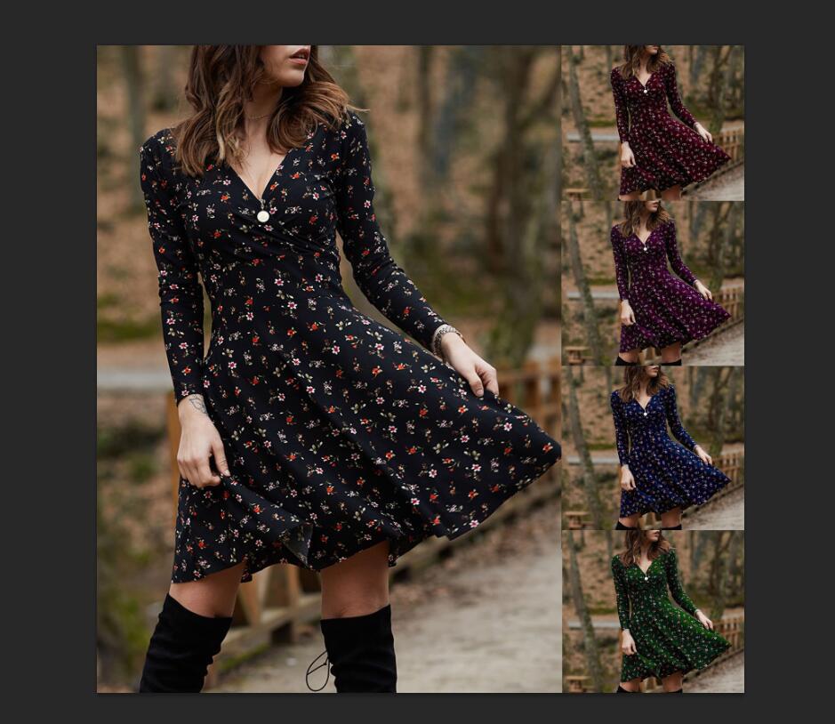 Sixsr Spring Summer Long Sleeve V Neck Flowers Print Boho Dress Women Elegant Vintage Floral Printed Casual Green A-line Swing Dress