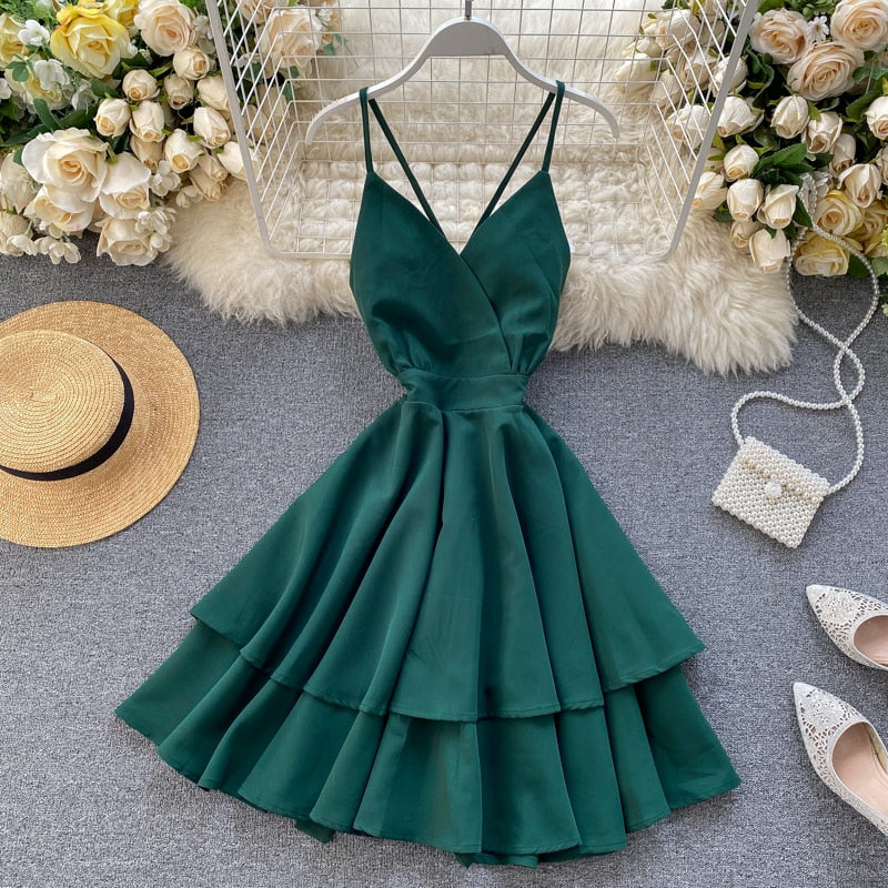 Sixsr Summer Spring Beach Holiday V-Neck Backless Lace Up Ruffles Cakes Solid Elegant Women Lady A-line High Waist Dress