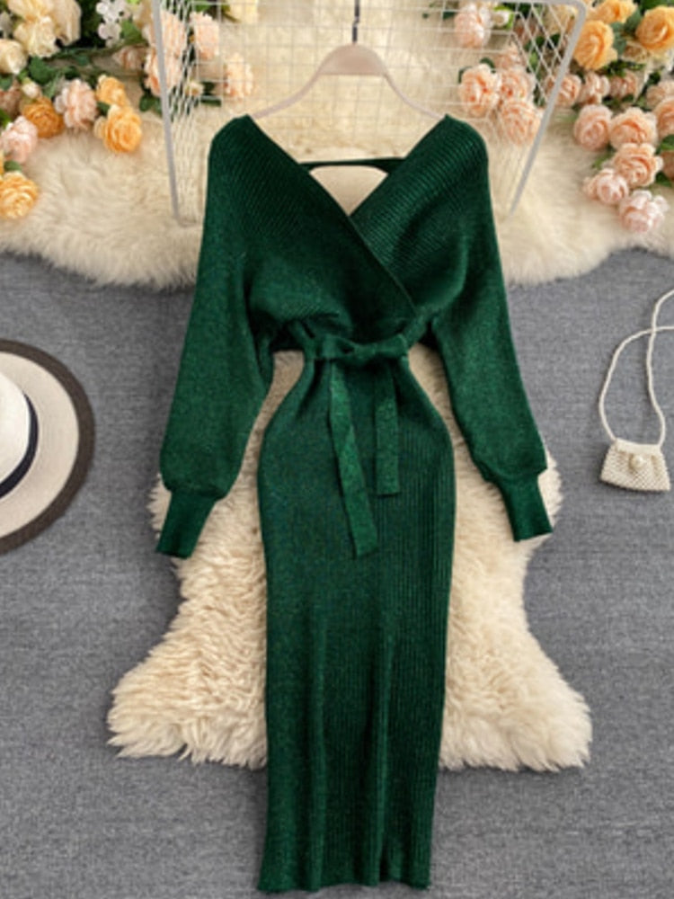 Sixsr Sparkling Sexy Party Dress Woman Sweater Elegant Slim V-Neck Basic Knitted Green Vintage Dresses Female Autumn Winter Bat Sleeve